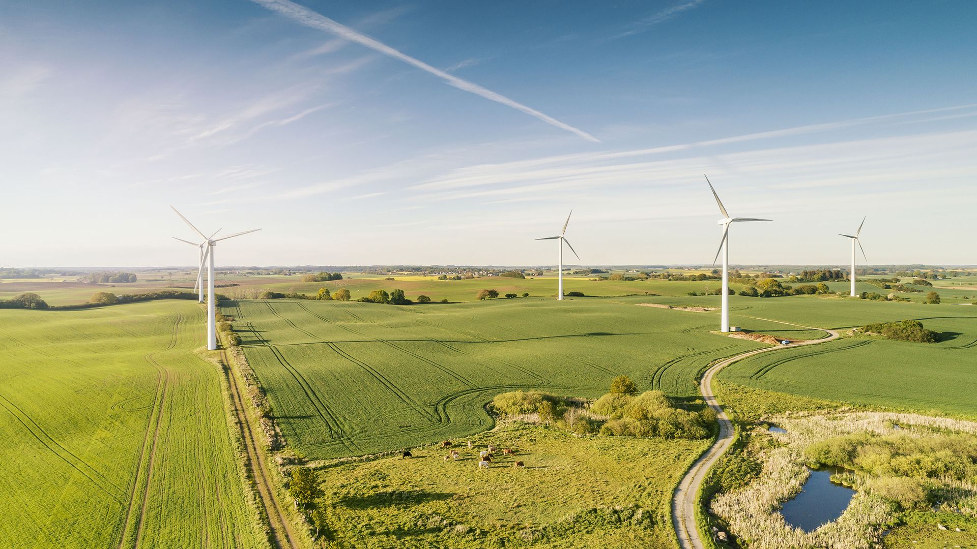 Onshore wind turbines across rolling farmland